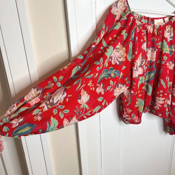 Anthropologie Maeve Lake House Red Floral Print Blouson Balloon Sleeve Blouse L - Picture 3 of 7